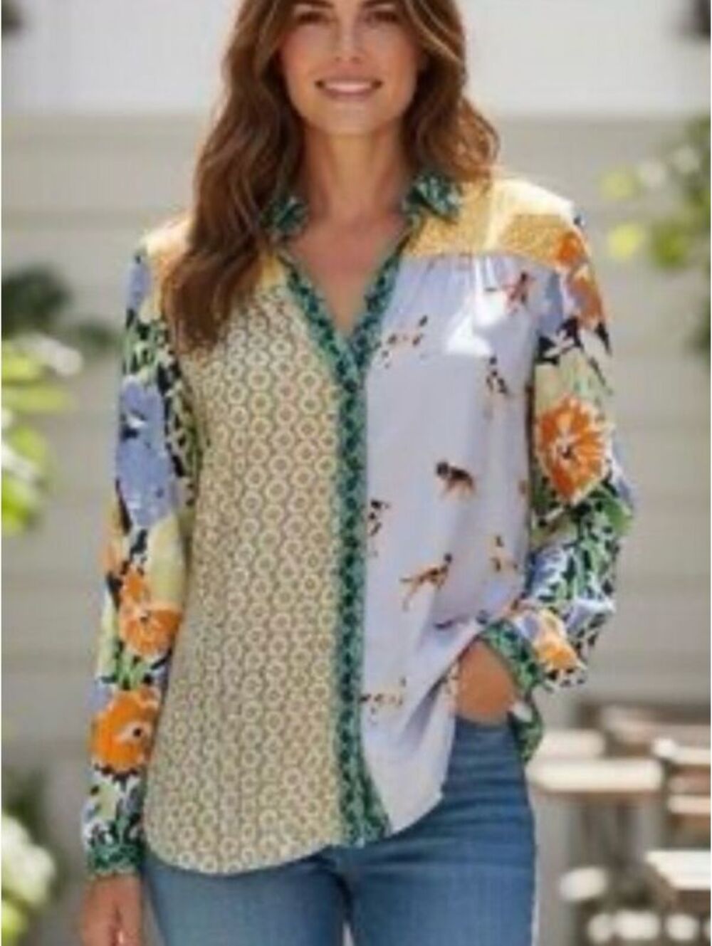 Maeve Paz Patchwork Print Button Down Blouse Green Floral Dog Small